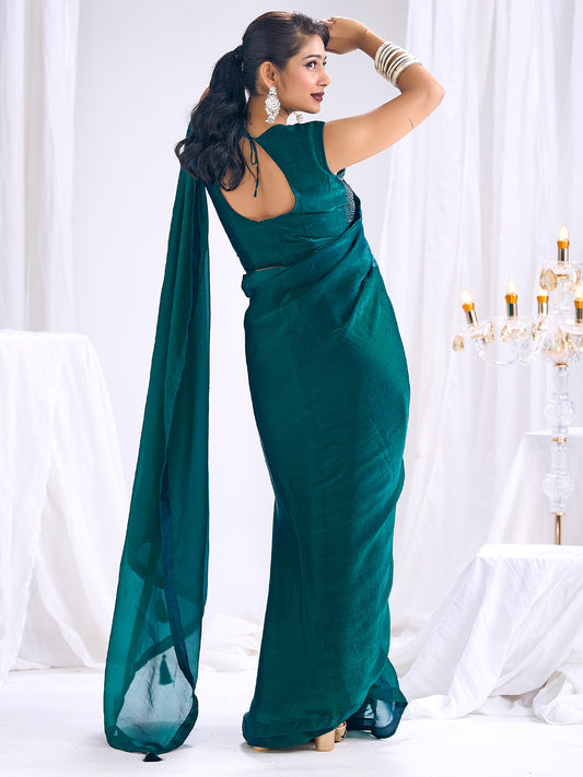 Teal Organza Saree with Sequin Embellished Blouse