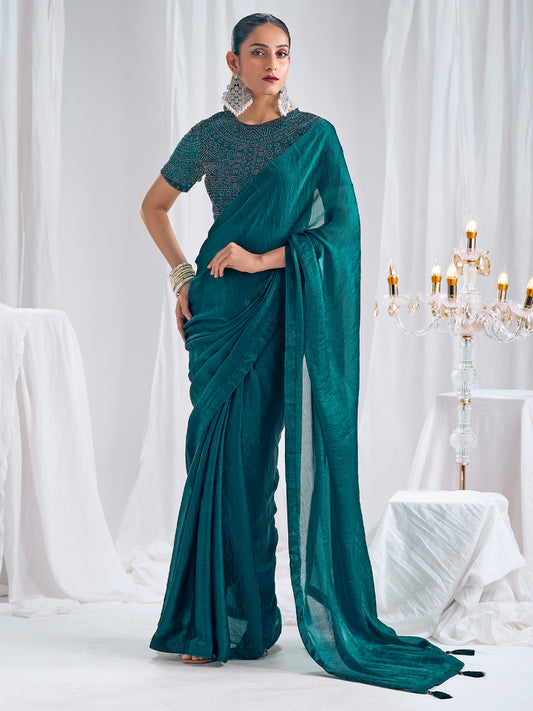 Teal Organza Saree with Sequin Embellished Blouse
