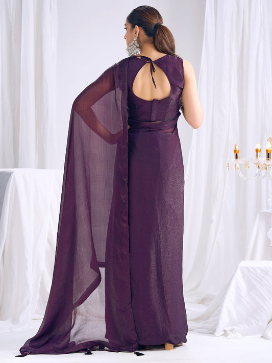Wine Purple Georgette Saree with Bandhani Blouse