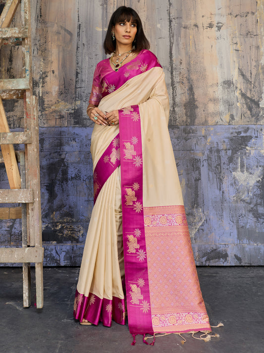 Cream & Pink Banarasi Silk Blend Saree