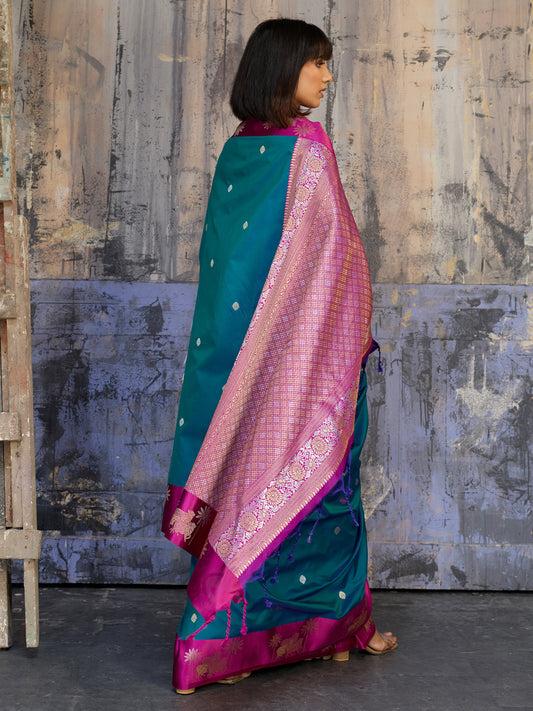 Teal Blue & Pink Banarasi Silk Blend Saree