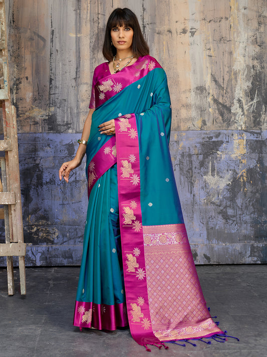 Teal Blue & Pink Banarasi Silk Blend Saree