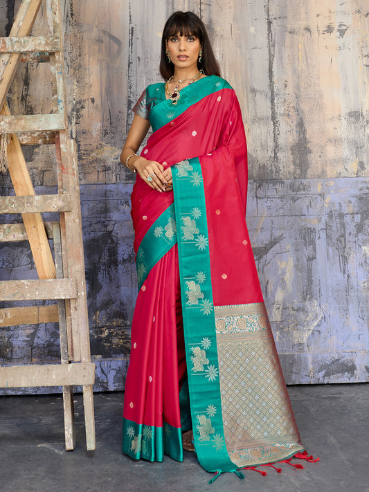 Rani Pink & Teal Banarasi Silk Blend Saree