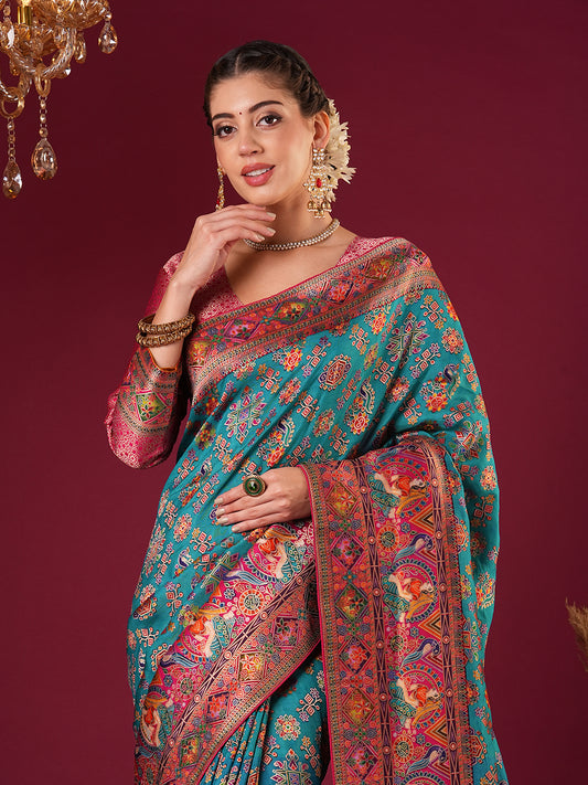 Rama Blue Silk Blend Patola Inspired Weaving  Zari Border Blouse Saree
