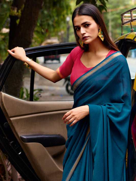 Royal Blue Paisley Border Saree&nbsp;