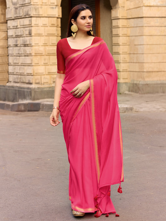 Royal pink Paisley Border Saree