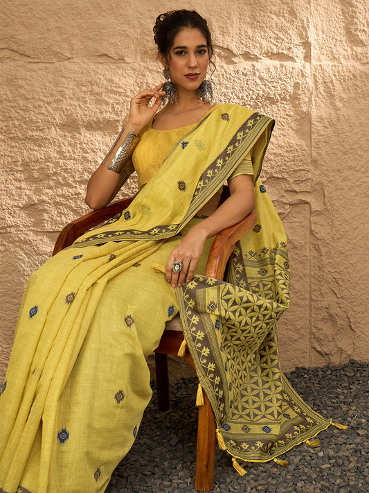 Lemon Yellow Linen Woven with Butti Motifs saree