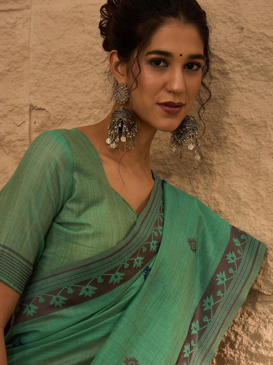 Sea Green Linen Blend Woven Geometric Motif saree