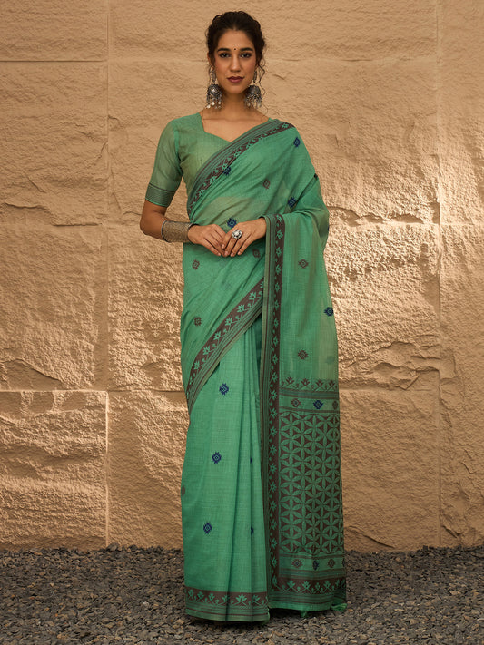 Sea Green Linen Blend Woven Geometric Motif saree