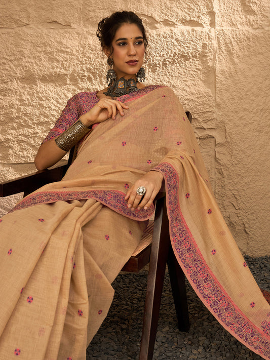 Beige Linen Blend Woven Border & Buti Traditional Saree