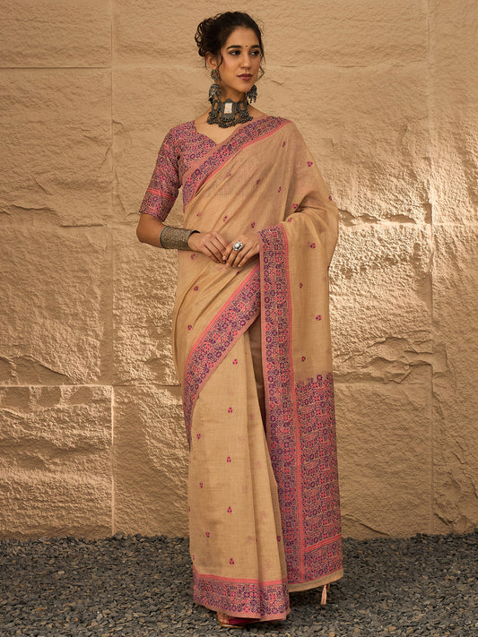 Beige Linen Blend Woven Border & Buti Traditional Saree