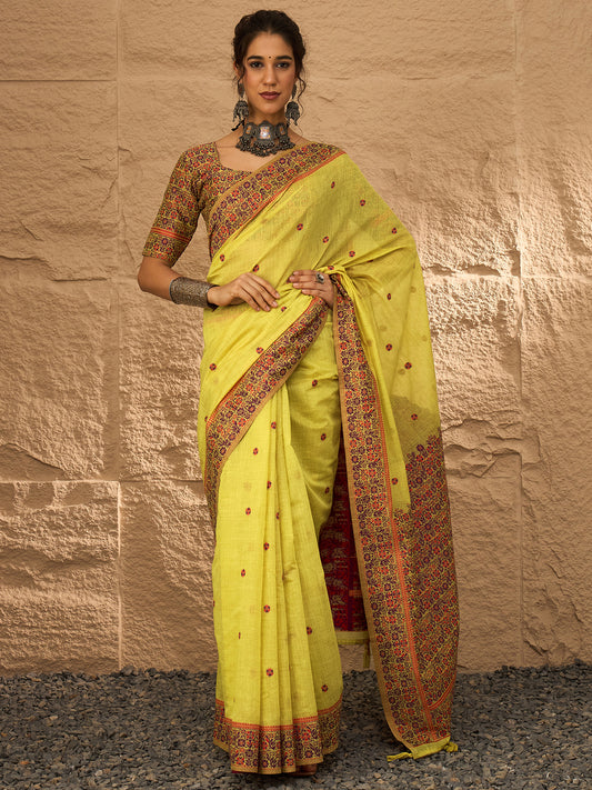 Lemon Yellow Linen Cotton Woven Saree