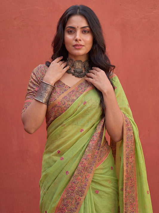 Pistachio Green Woven Floral Border Saree