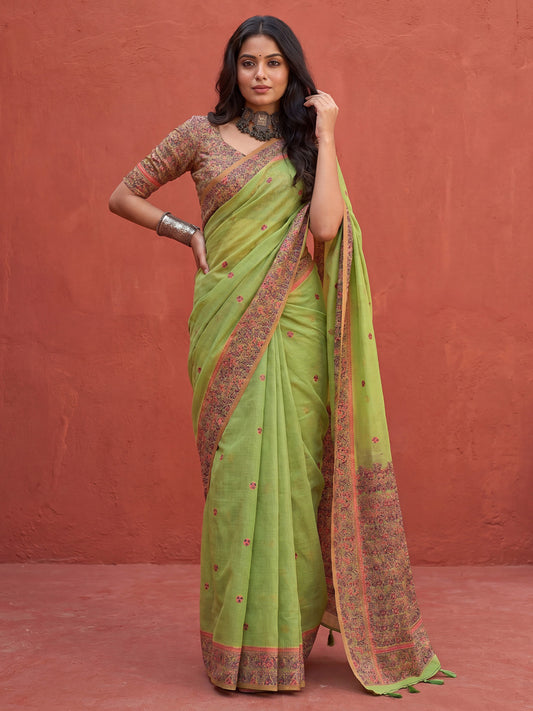 Pistachio Green Woven Floral Border Saree