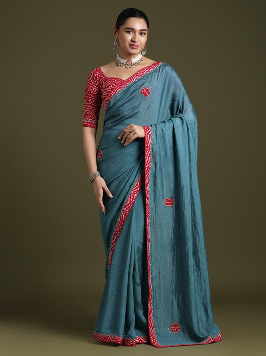 Teal Blue Georgette Saree with Bandhani Border