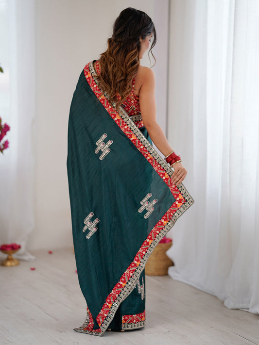 Teal Silk Saree with Patola Border & Embroidered Blouse