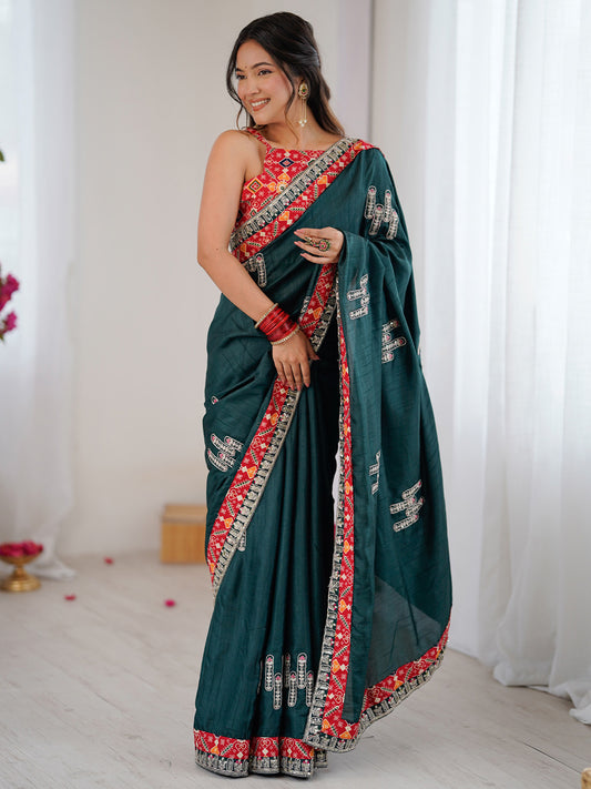 Teal Silk Saree with Patola Border & Embroidered Blouse