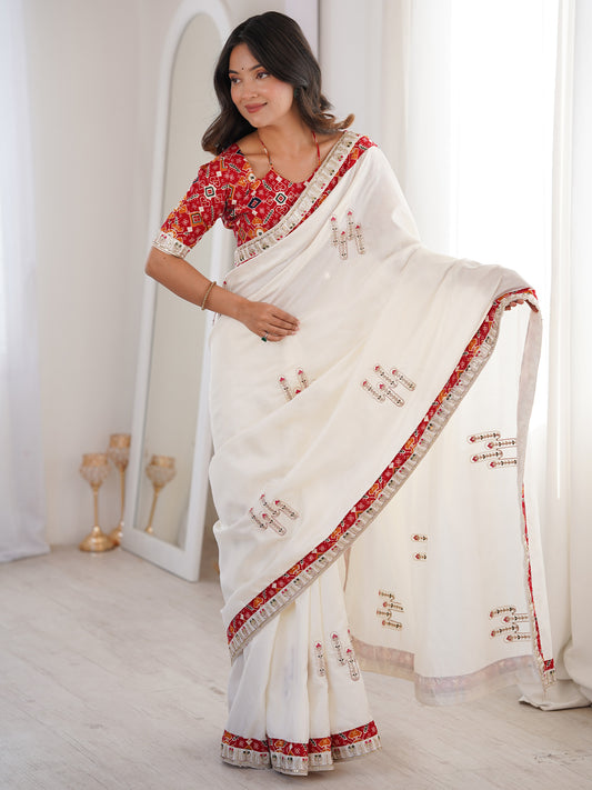 White Embroidered Saree with Red Patola Blouse | Mirror & Sequin Work