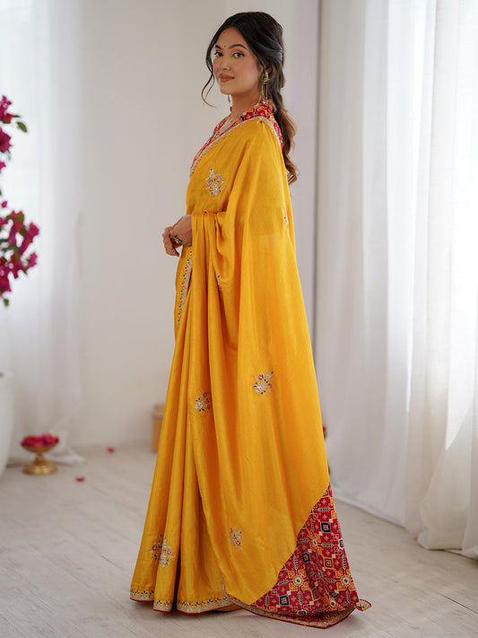 Yellow Embroidered Saree with Patola Print Blouse
