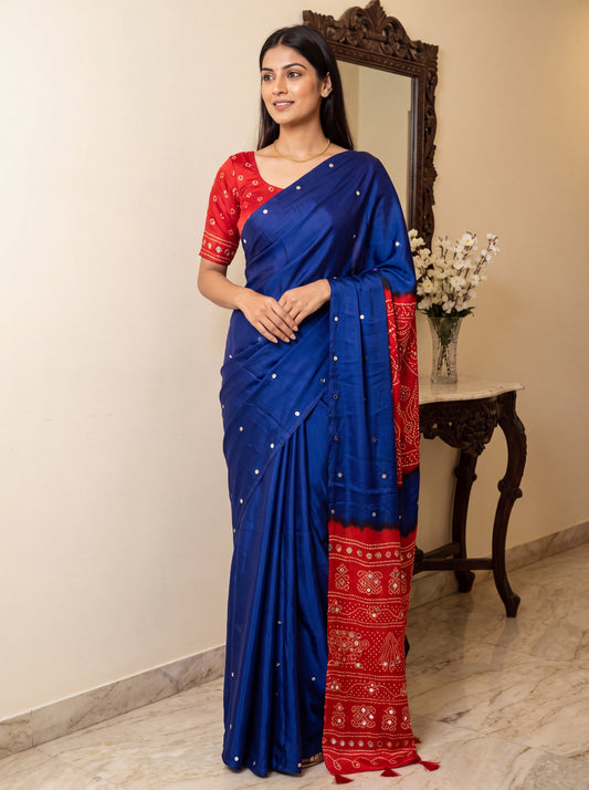 Royal Blue & Red Shibori Tie-Dye & Bandhani Saree