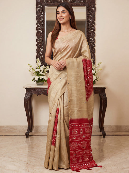 Beige & Red Shibori Tie-Dye & Bandhani Saree
