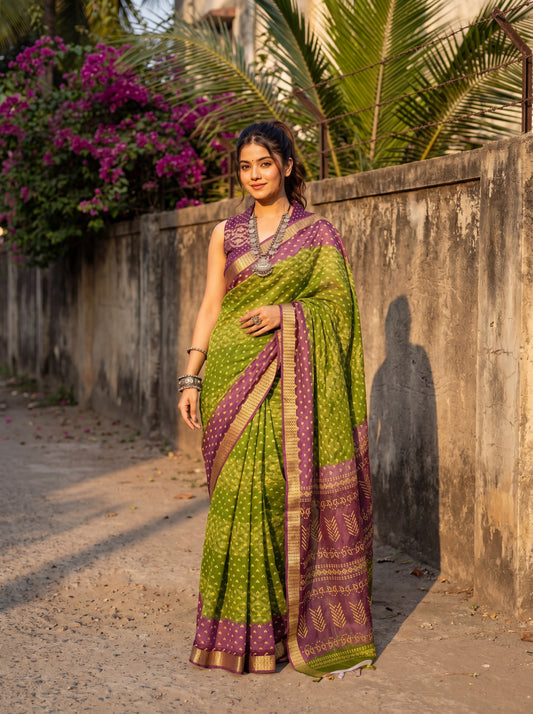Vasanti Light Green Bandhani Cotton Saree with Zari Border & Purple Blouse Piece