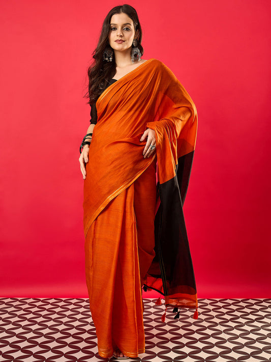 Burnt Orange & Black Colour Block Cotton Saree