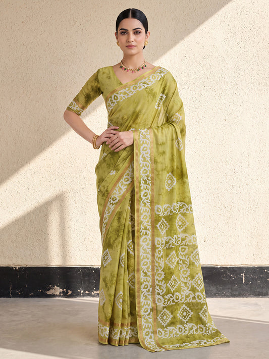olive green cotton printed designer saree