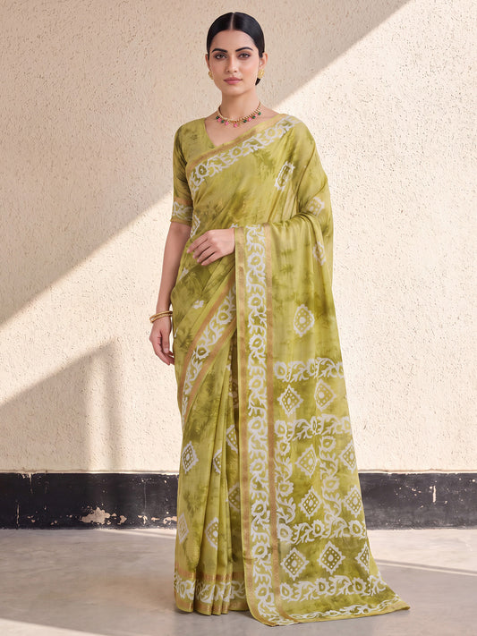 olive green cotton printed designer saree