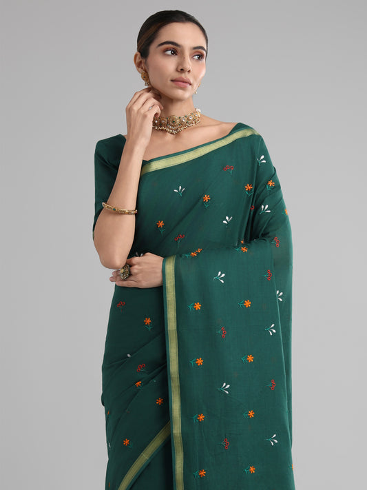 Bottle Green Cotton Saree
