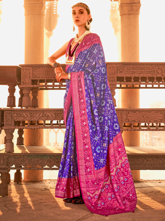 Purple and Magenta Patola Style Silk Blend&nbsp Traditional Print saree