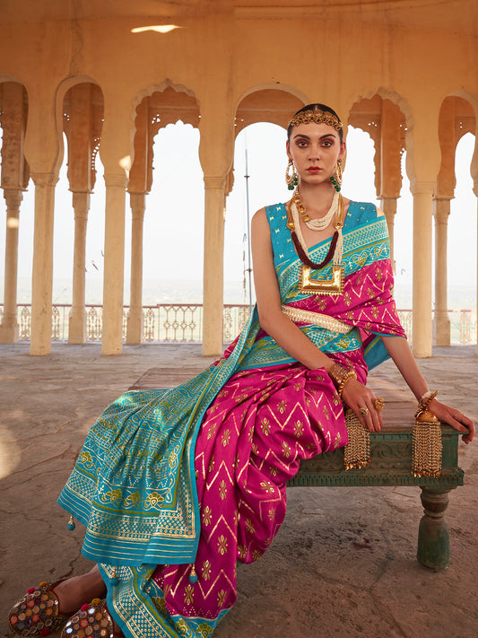 Teal Bandhani Patola Silk Saree with Rani Pink