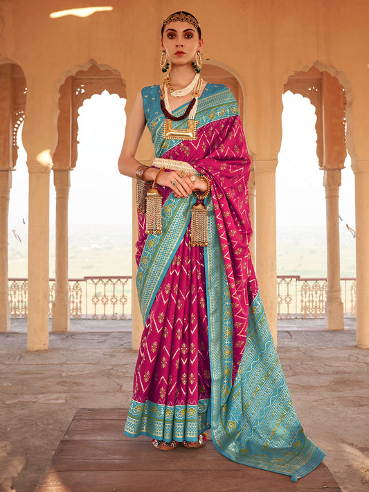 Teal Bandhani Patola Silk Saree with Rani Pink