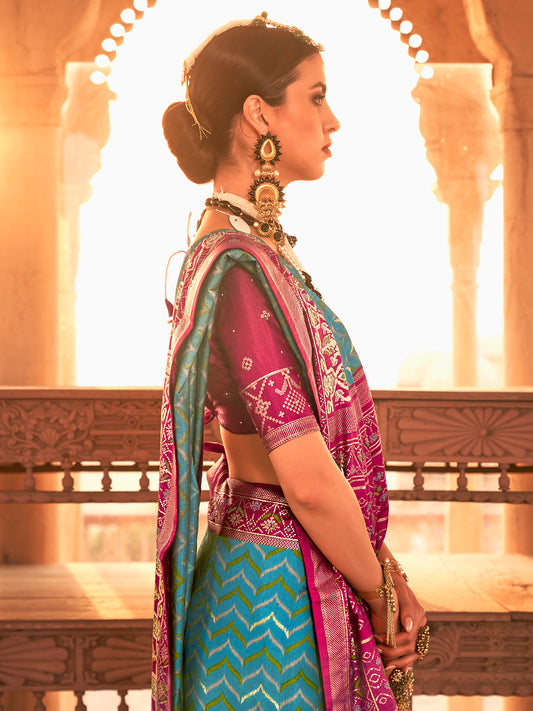Teal &Pink Patola Silk Saree