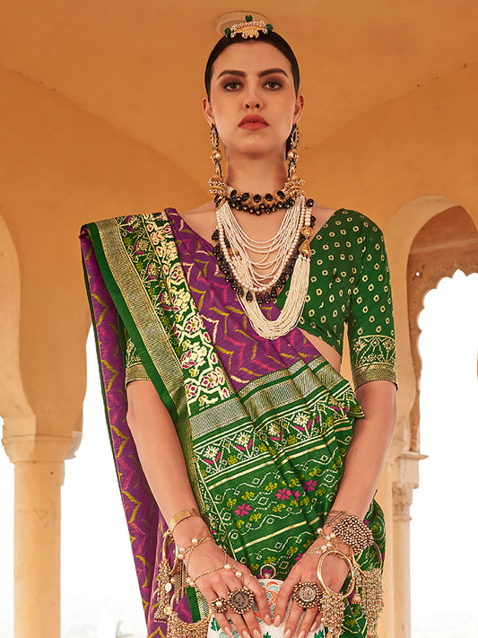 Violet and Green Silk Blend Heritage Patola Style Zari Woven Saree