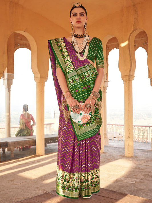 Violet and Green Silk Blend Heritage Patola Style Zari Woven Saree