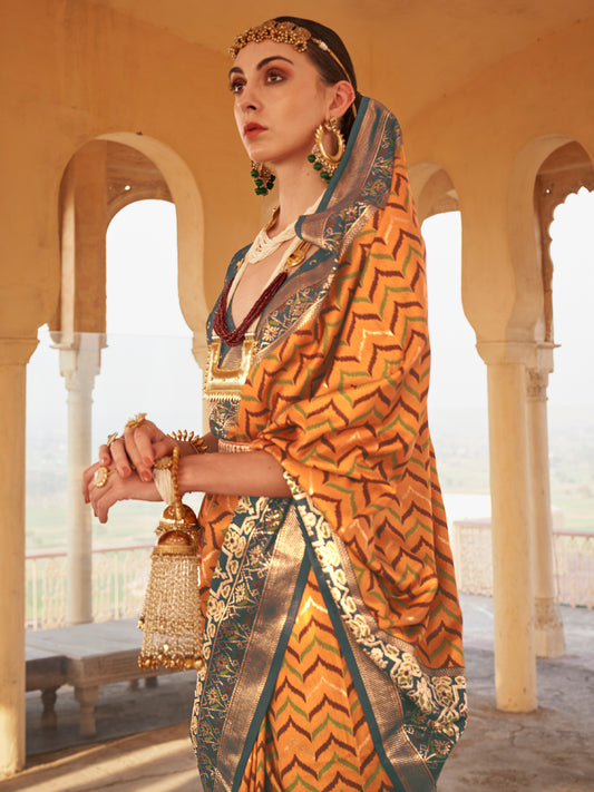 Mustard Yellow Grey Silk Blend Patola Inspired Weaving Zari Border Blouse Saree