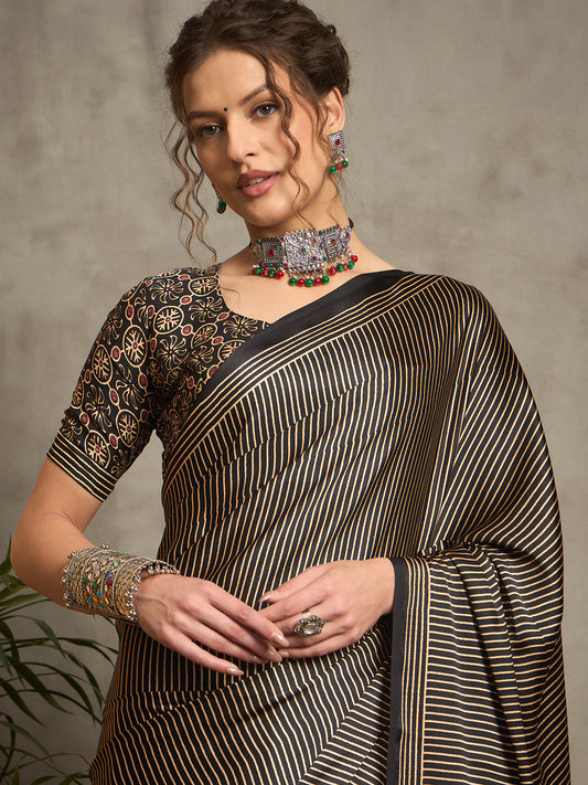 Black Printed Satin Saree