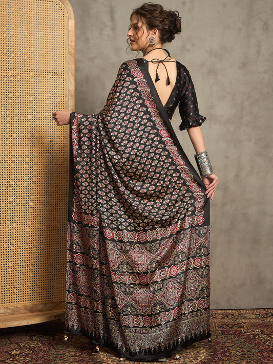 Black Silk Blend Kalamkari Inspired Print Zari Border Saree