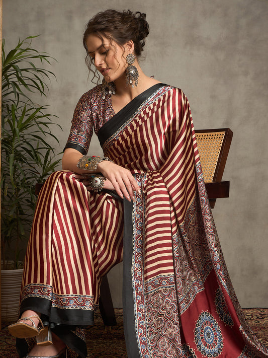 Maroon Satin Silk Ajrakh Printed Saree
