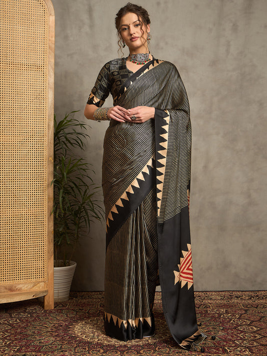 Black Satin Silk Ajrakh Printed Saree