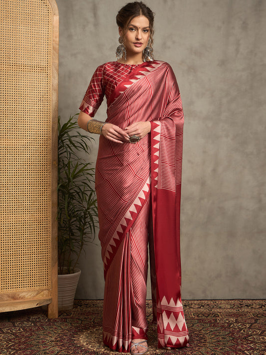 Maroon  Satin Silk  Ajrakh Print Geometric Motif