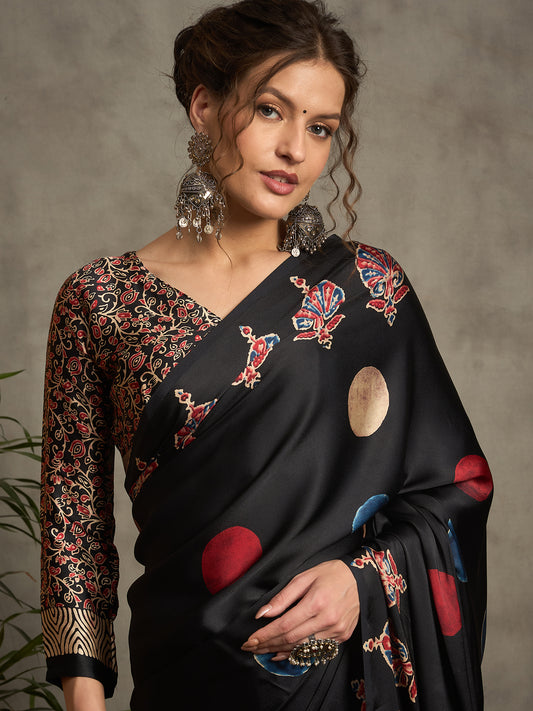 Black Crepe Polka Dot Printed Saree