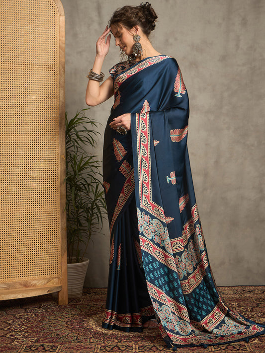 Blue Zari Woven Silk Blend Saree with Floral Borders