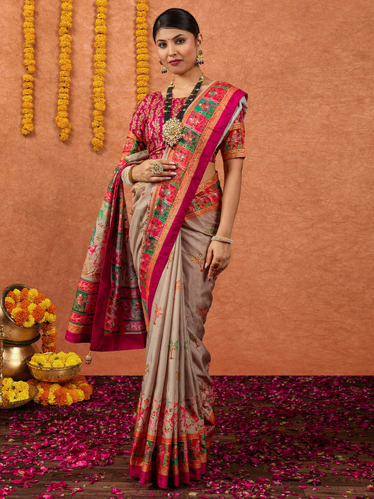 Beige Silk Blend Patola Style Digital Print Saree