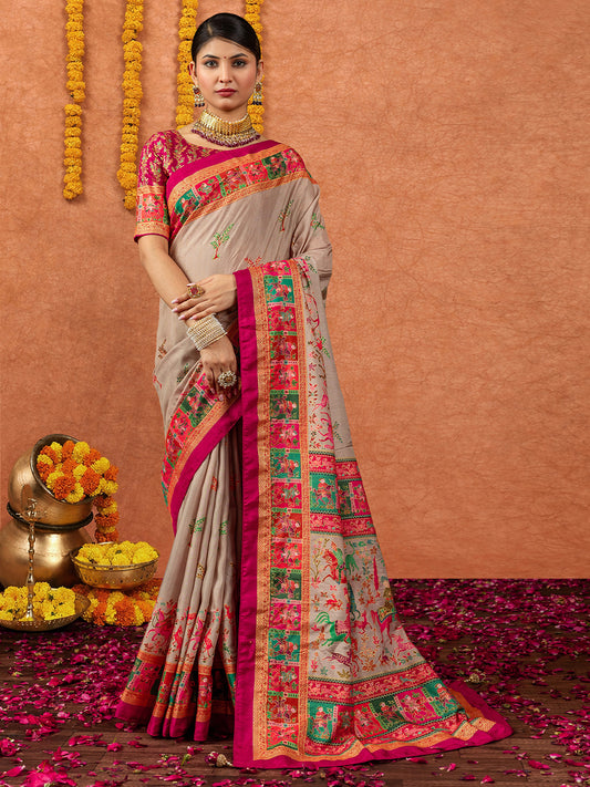 Beige Silk Blend Patola Style Digital Print Saree