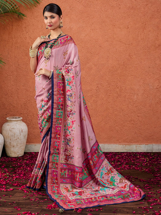 Ethnic Motifs Silk Blend Pink Saree