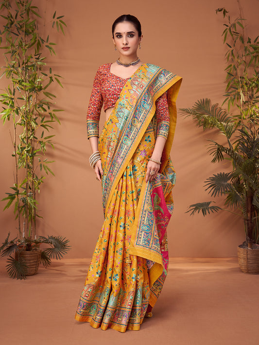 Yellow Silk Blend Patola Inspired Weaving Zari Border Blouse Saree