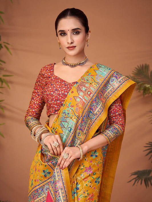 Yellow Silk Blend Patola Inspired Weaving Zari Border Blouse Saree