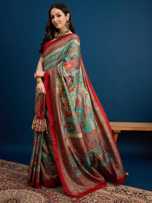 Multicolor  Banarasi Silk Blend Pichwai-Inspired Weaving Zari Border Blouse Saree